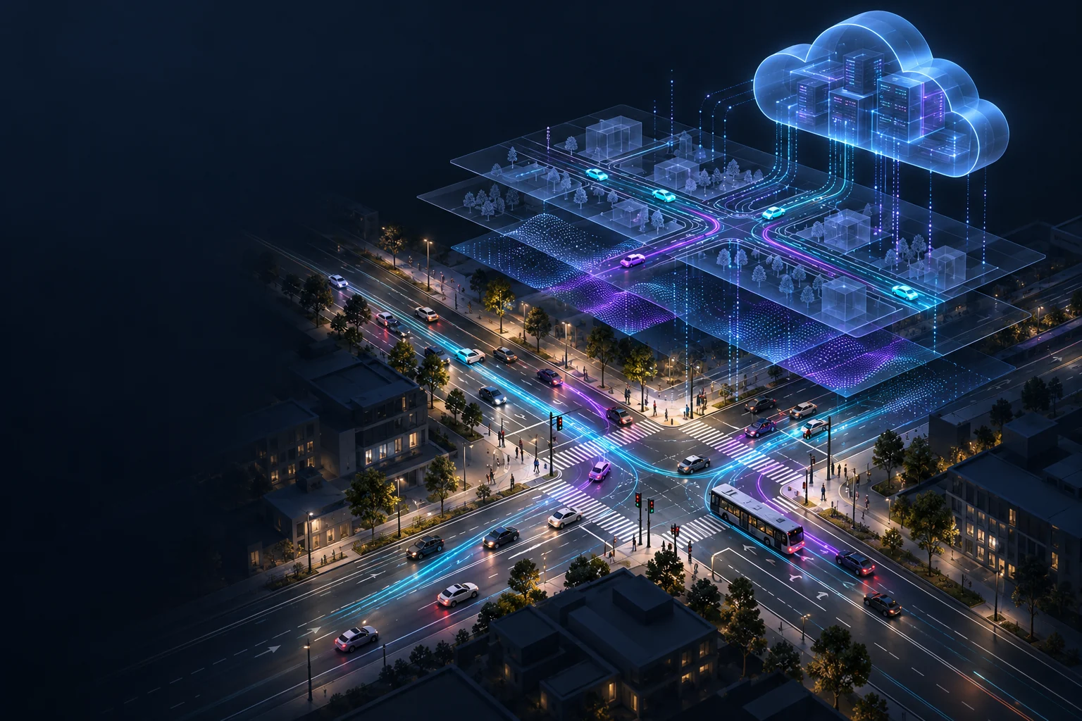 Ilustración conceptual de modelación vial y simulación de tránsito en la nube